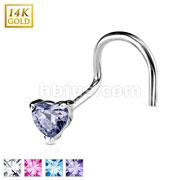14 Karat Solid White Gold Prong Heart CZ Nose Screw Ring