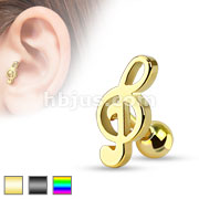 316L Surgical Steel IP Treble Clef Music Note Tragus/Cartilage Piercing Stud