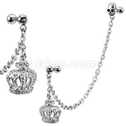 316L Surgical Steel Chain Linked Dangle Royal Crown and Skull with Gemmed Cartilage/Tragus Barbell
