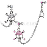 316L Surgical Steel Chain Linked Dangle Gemmed Pirate Skull with Gemmed Double Cartilage/Tragus Barbell