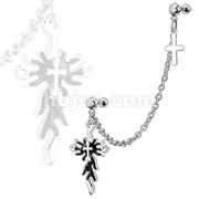 316L Surgical Steel Chain Linked Dangle Gothic Flaming Cross with Gemmed Double Cartilage/Tragus Barbell