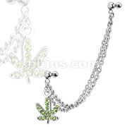 316L Surgical Steel Chain Linked Dangle Green Gemmed Pot Leaf with Gemmed Double Cartilage/Tragus Barbell