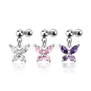 316L Surgical Steel Multiple CZ Butterfly Dangle Cartilage/Targus Barbell