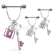 316L Surgical Steel Nipple Ring with Gem Paved Lock & Key