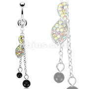 316L Surgical Steel Fancy Navel Ring with Aurora Boreale CZs Twist Cluster Dangle with 2 Black Beads
