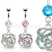 316L Surgical Steel Navel Ring with Pave Gemmed Rose