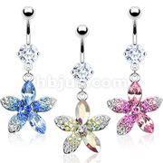316L Surgical Steel Navel Ring with Multiple Tone CZs Flower Dangle