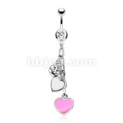 316L Surgical Steel Fancy Navel Ring with Pink and White Epoxy Hearts and CZ Dangle