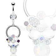 316L Surgical Steel Fancy Navel Ring with Multi-Colored CZs White Epoxy Flower Dangle
