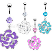 316L Surgical Steel Navel Ring with Enamel & Multi CZ Decorated Flower