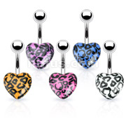 316L Surgical Steel Navel Ring with Leopard Print Acrylic Hearts
