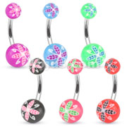 316L Surgical Steel Navel Ring with Floral Printed UV Balls