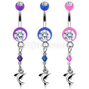 Navel Ring w/ Glit 2-Gem& Dolphin Dangle