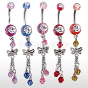 316L Surgical Stainless Steel Double Jeweled UV Glitter Navel Rings with Butterfly & beads Dangles