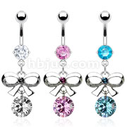 316L Surgical Steel Prong Set Navel with Bow Tie and CZ Dangle