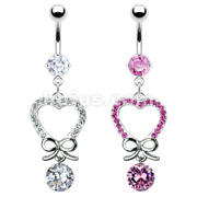 316L Surgical Steel Prong Set Navel with Gemmed Heart Ribbon and Solitare CZ Dangle
