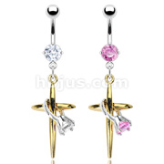 316L Surgical Steel Prong Set Navel with Gold Plated Cross and Mini Engagement Ring Dangle