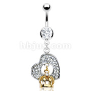 316L Surgical Steel Navel with Gem Paved Heart and Gold Plated Crown Dangle