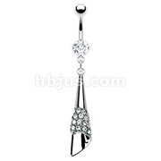 Clear CZ Prong set Belly ring with Pave gemed Cone Dangle