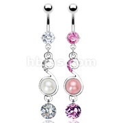 316L Prong Set Navel with Pearl Music Note and Single Solitare CZ Dangle