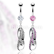 316L Prong Set Gem Navel with Triple Gem Round Loop Dangle