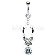 316L Prong Set Gem Navel with Gem Butterfly Bow and Single Solitare CZ Dangle