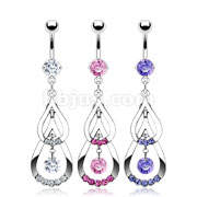 36 Pcs of 316L Prong Set Gem Navel with Gem Double Drop and CZ Dangle