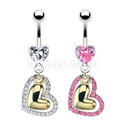 316L Star Prong Set Gem Navel with Gold Plated Heart within a Heart Dangle