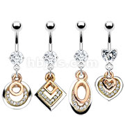 40 Pcs of Assorted 316L Prong Set Gem Navel with Triple Tone Loops and Gem Pave Dangle