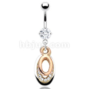 316L Prong Set Gem Navel with Triple Tone Gem Pave Oval Dangle