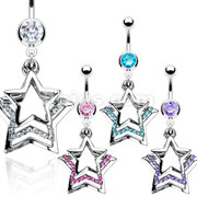 40 Pcs of 316L Surgical Steel Navel Ring with Assorted Color Pave Gemed Triple Layered Star Dangle