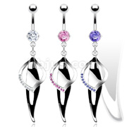 316L Prong Set Gem Navel with Wavey Leaf and CZ Pave Loop Dangle