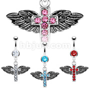 316L Surgical Steel Navel Ring with Paved Gem Cross on Angelic Wings Dangle