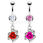316L Surgical Steel Paved Gem Flower with Anodized Colored Metal Flower Navel Ring