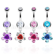 316L Surgical Steel Metal Rose with Five CZ Petals Navel Ring