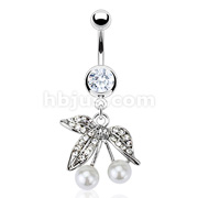 316L Surgical Steel Pave Gemmed CZs with Pearled Cherry Dangle Navel Ring