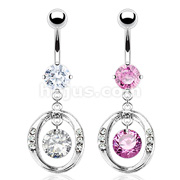 316L Surgical Steel Paved Gem O Loop with Dangling CZ Navel Ring