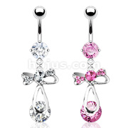 316L Surgical Steel Paved Gem Bow Tie with Cosmo CZ Dangle Navel Ring