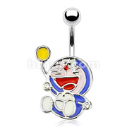 316L Surgical Steel Navel Ring with Enamel Colored  Robotic Blue Cat with CZs