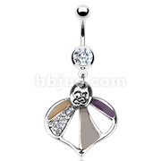 316L Surgical Steel Navel Ring with Multi Color Enamel Colored Tresor Leaf with CZs Dangle
