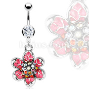 316L Surgical Steel Navel Ring with Pink Enamel Flower & Multi Colored CZ Cluster Stamen