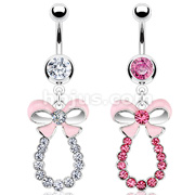 316L Surgical Steel Navel Ring with Bow Tie Multi Paved Gems Drape Loop Dangle