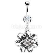 316L Surgical Steel Vintage Casted Flower with Gemmed Center Navel Ring