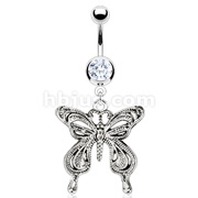 316L Surgical Steel Vintage Casted Butterfly CZ Navel Ring