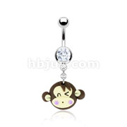 316L Surgical Steel Navel Ring with Hardened Clay Cute Monkey Face Dangle