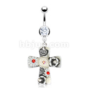 316L Surgical Steel Navel Ring with Murano Style Hardened Rubber Cross with Multi CZ