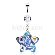 316L Surgical Steel Navel Ring with Murano Style Hardened Rubber Star with Multi CZ