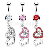 316L Surgical Steel Double Heart Loop Paved Gems Navel Ring
