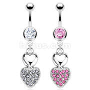 316L Surgical Steel Double Fluffy Heart Stack Paved Gem Navel Ring