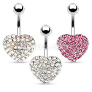 316L Surgical Steel Multi Crystal  Paved Heart Navel Ring